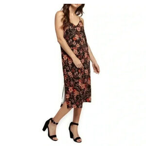 🆕Dex Black & Orange Floral Split-Hem Mid Dress S🆕